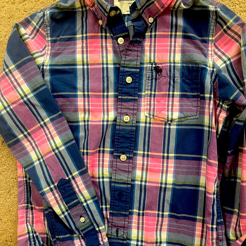 Boys Abercrombie pink and blue button down long sleeve shirt. Size large(12-14)